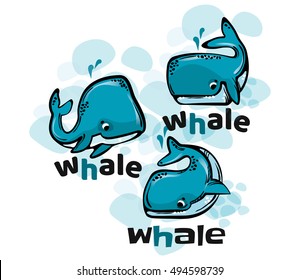 Fun Whale made in cartoon style. Isolated on white background.