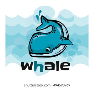 Fun Whale made in cartoon style. Isolated on white background.