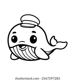 fun whale wear marine hat cartoon character isolated drawing line art style sketch classic vintage design illustration