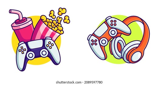 fun when playing games vector illustration. joystick with snack and headset cartoon flat design