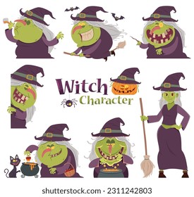 A fun and whimsical cartoon-style illustration featuring a witch character in various poses and activities.
