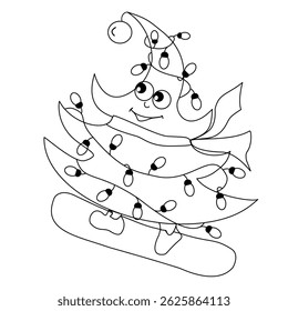 A fun and whimsical Christmas tree character adorned with lights and a scarf. A joyful and creative illustration perfect for holiday-themed designs, cards, and decorations.