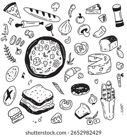 Fun and whimsical doodle art illustration featuring hand-drawn elements with a playful and spontaneous style. This artwork showcases quirky shapes, cartoon characters, random icons, patterns