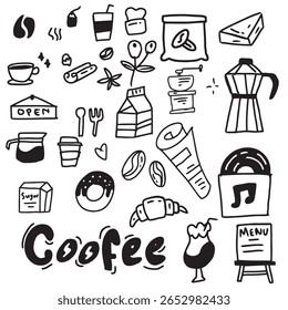 Fun and whimsical doodle art illustration featuring hand-drawn elements with a playful and spontaneous style. This artwork showcases quirky shapes, cartoon characters, random icons, patterns