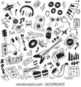 Fun and whimsical doodle art illustration featuring hand-drawn elements with a playful and spontaneous style. This artwork showcases quirky shapes, cartoon characters, random icons, patterns