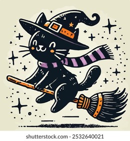 A fun and whimsical Halloween-themed illustration of a black cat in a witch costume, riding a broomstick. The cat is flying through the air, wearing a pointed witch hat, with a clean white background 