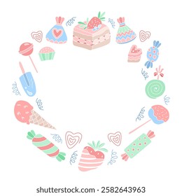 A fun and whimsical illustration featuring a variety of sweet treats