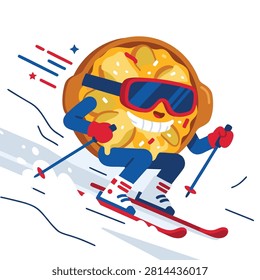 A fun and whimsical illustration of a pizza character with a big smile, wearing ski goggles and a blue ski suit, skiing down a snowy mountain with red ski poles and skis.