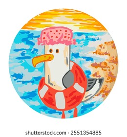 A fun, whimsical illustration of a seagull wearing a pink shower cap and life preserver