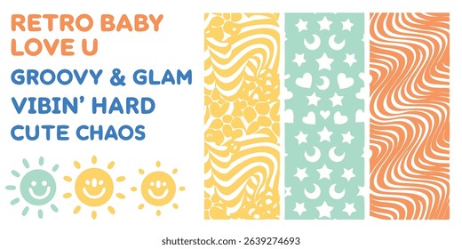 Fun and whimsical retro patterns and smiley sun illustrations create groovy vibes and charming artwork.