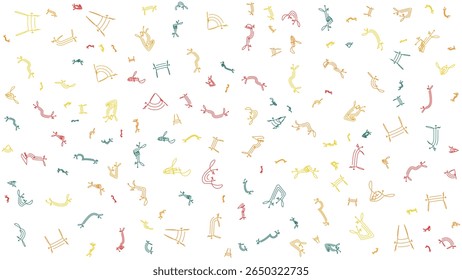 A fun and whimsical seamless pattern featuring hand-drawn animal doodles in yellow, red, blue, and orange on a white background. This pattern is perfect for textiles, wallpaper, and other creative pro