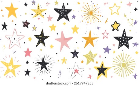 a fun and whimsical seamless pattern with hand drawn stars and decorative elements on a white background, perfect for kids designs