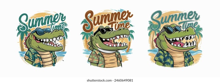 A fun and whimsical summer vibes T-shirt design featuring a cartoon crocodile
