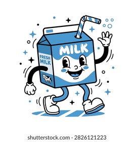 A fun and whimsical vector illustration featuring a cheerful, anthropomorphic milk carton character with a straw, walking and waving against a white background.