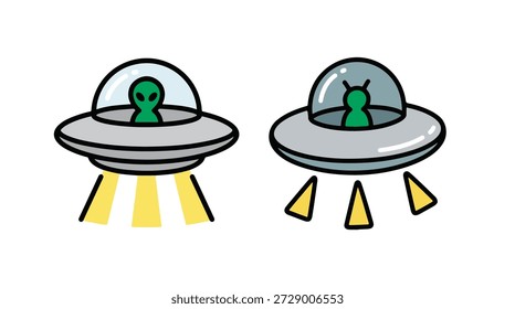 A fun and whimsical vector illustration set featuring two extraterrestrial UFO flying saucers. Each spaceship has a glass dome revealing a tiny green alien pilot and emits bright yellow light beams from the bottom. This cute flat line-art design is ideal for sci-fi cartoons, children's books, Halloween decorations, and space-themed party invitations. The playful style captures the mystery and fun of alien encounters, making it a great addition to creative projects involving outer space, fantasy creatures, and unidentified flying objects.