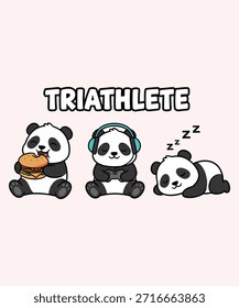 Una Ilustración vectorial divertida y caprichosa de un panda triatleta que participa en tres actividades: comer una hamburguesa, jugar con auriculares y dormir. Perfecto para diseños digitales, Fotografía de stock y colecciones de Arte vectorial.