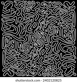 Fun white line doodle pattern. Black background creative abstract doodle style drawing for kids or trendy design with basic shapes. Simple childish scribble wallpaper print.