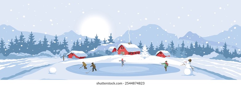 Fun winter activities, children ice skating and playing hockey, Christmas time. Abstract winter rural landscape with old village. Freehand drawing, vector illustration.	