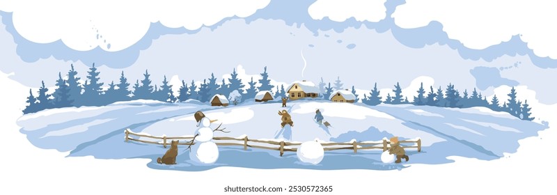 Fun winter activities, children sledding down a hill, making snowmen, Christmas time. Abstract winter rural landscape with old village. Freehand drawing, vector illustration.