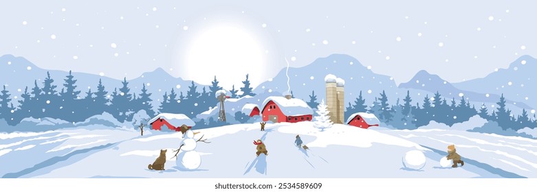 Fun winter activities, children sledding down a hill, making snowmen, Christmas time. Abstract winter rural landscape with old village. Freehand drawing, vector illustration.	