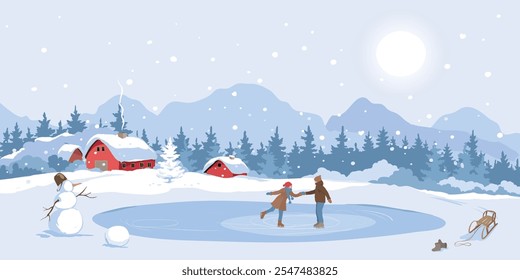 Divertidas actividades invernales, pareja enamorada en la pista de hielo, tiempo de Navidades. Abstractas paisaje rural invernal con pueblo antiguo. Dibujo a mano alzada, Ilustración vectorial.