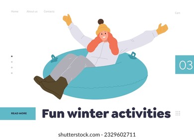 Fun winter activities landing page design, website template offering sliding down hills on tubing