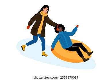 Fun winter activity with friends enjoying tubing on a snowy hill