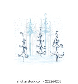 fun winter forest landscape with merry pine trees