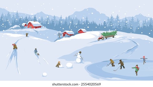 Fun winter games for children -- sledding and skating, Christmas time. Abstract winter rural landscape with old village. Freehand drawing, set of three vector illustrations, triptych.	