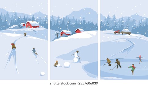 Fun winter games for children -- sledding and skating, Christmas time. Abstract winter rural landscape with old village. Freehand drawing, set of three vector illustrations, triptych.	