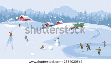 Fun winter games for children -- sledding and skating, Christmas time. Abstract winter rural landscape with old village. Freehand drawing, set of three vector illustrations, triptych.	