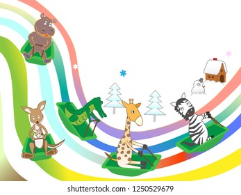Fun winter sports of animals. Skiing, ice skating, snowboarding, sledding.
