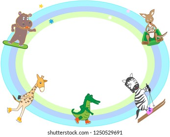 Fun winter sports of animals. Skiing, ice skating, snowboarding, sledding.