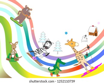 Fun winter sports of animals. Skiing, ice skating, snowboarding, sledding.
