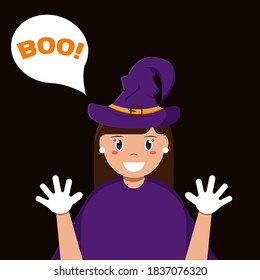 Fun witch in hat. Boo. Happy Halloween.  Cute vector illustration