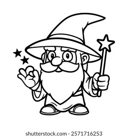 fun wizard hold magic wand cartoon character isolated drawing line style sketch classic vintage design illustration