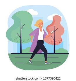 fun woman with smartphone technoogy and trees
