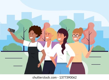 fun women friends with smartphone and casual clothes