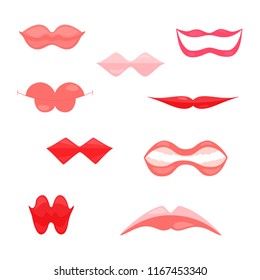 Fun womens lips icons isolated on white. Different Lips Shapes and Emotions Made in Flat Style. Icons for Web and Print Usage.