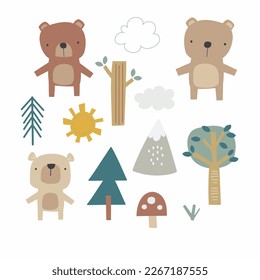 A fun woodland set of bears and trees, with clouds and other woodland elements.
Vector illustrations in a sweet colour palette.
Nursery baby bears.