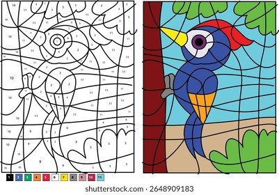 Fun Woodpecker Color by Number Activity for Kids. Educational Vector Illustration, Perfect for Children's Creative Learning and Play.