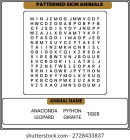 A fun word search puzzle featuring animals with distinct patterned skins
