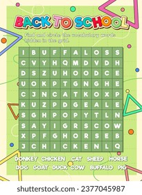 A fun word search puzzle game template with hidden words to enhance English language skills