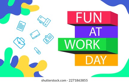Banner divertido en el día laboral con el icono de Office y el fondo colorido del líquido líquido líquido líquido. Ilustración vectorial.
