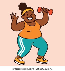 A fun workout. 
Vector illustration of a smiling woman with dumbbells in sportswear. Vector style, bright colors, fitness and cheerfulness theme. Playing sports and losing weight.