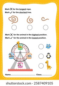 Fun worksheet for kids to learn about object sizes, order, and positions. Great for preschool and kindergarten early learning.