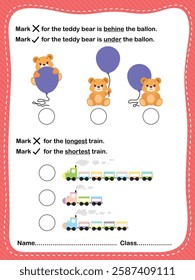 Fun worksheet for kids to learn about object sizes, order, and positions. Great for preschool and kindergarten early learning.