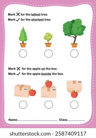 Fun worksheet for kids to learn about object sizes, order, and positions. Great for preschool and kindergarten early learning.