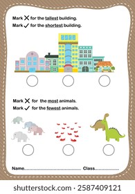 Fun worksheet for kids to learn about object sizes, order, and positions. Great for preschool and kindergarten early learning.