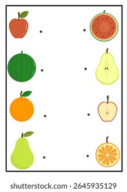 Fun worksheet for kids to match whole fruits with their sliced versions. Great for visual recognition, food learning, and preschool activities.